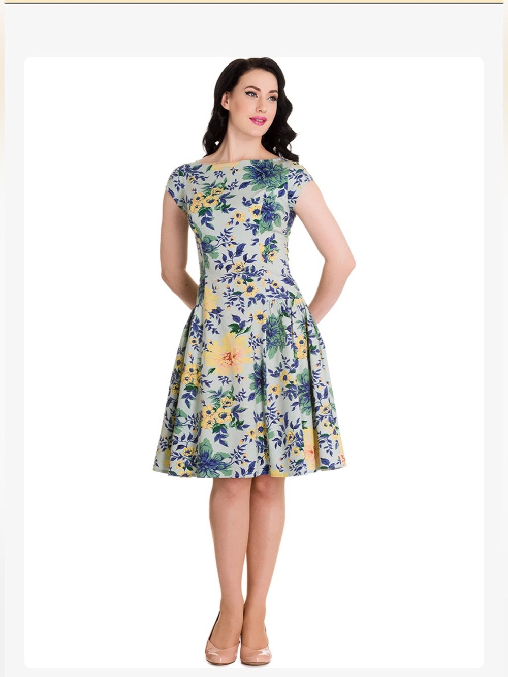 Hell Bunny Vintage Floral Fit-and-Flare Dress in Light Blue and Yellow